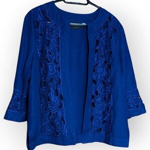 Bob Mackie Wearable Art Navy Blue Linen Blend Cutout Embroidered Jacket Large